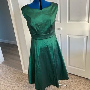 Green satin retro ModCloth holiday dress, tags on